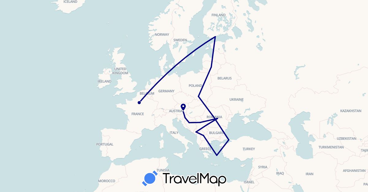 TravelMap itinerary: driving in Austria, Bosnia and Herzegovina, Finland, France, Greece, Croatia, Lithuania, Montenegro, Macedonia, Poland, Romania, Serbia, Turkey (Asia, Europe)